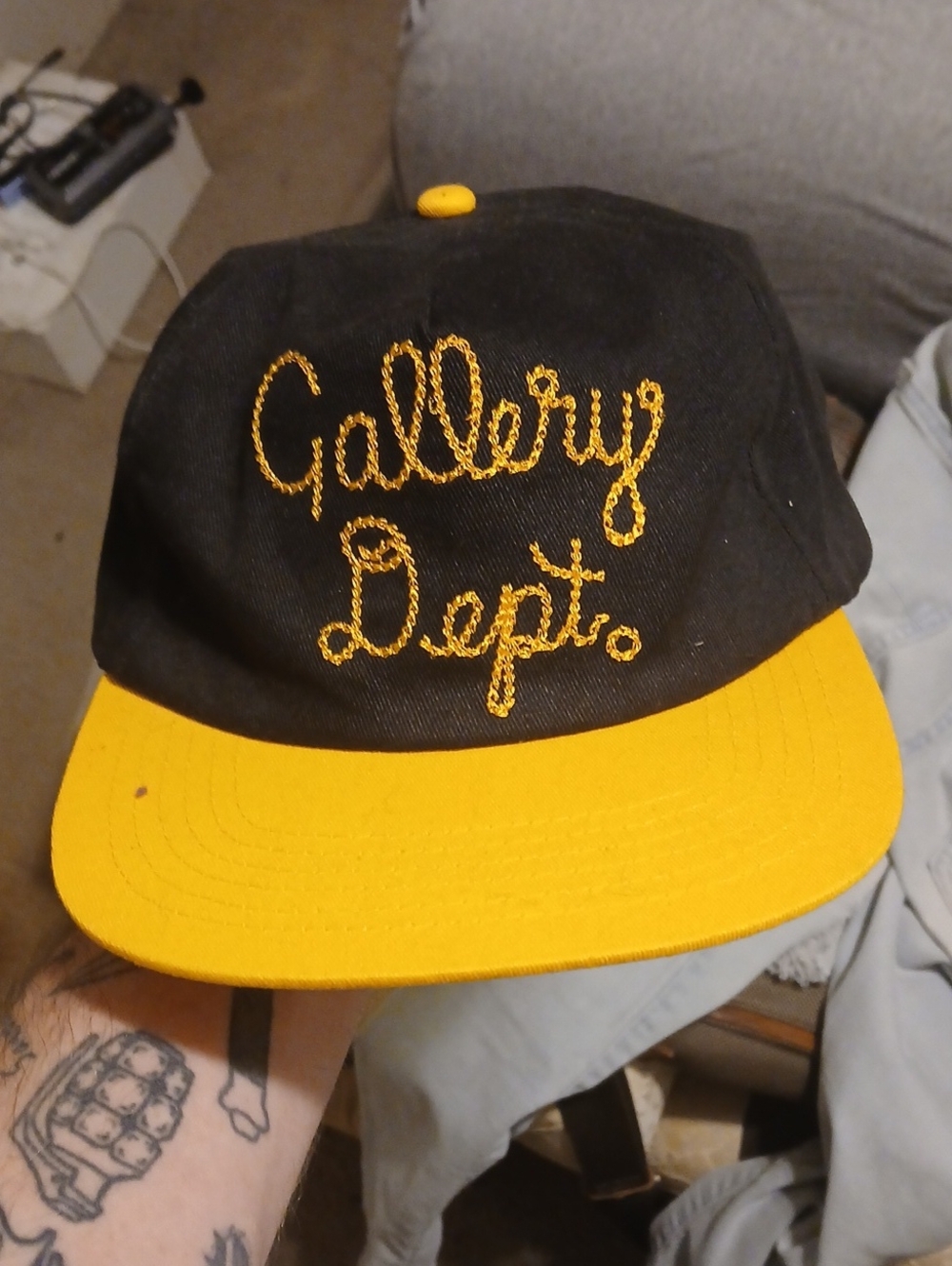 Gallery Dept Black and Yellow Script Logo Snapback